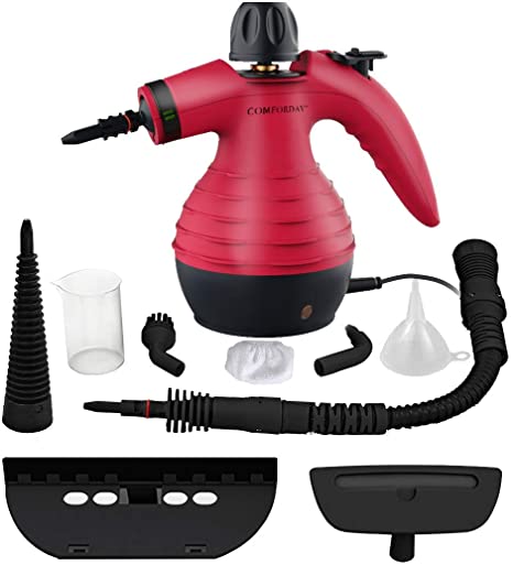 Comforday Multi-Purpose Handheld Steam Cleaner with 9-Piece Accessories for Multi-Surface Stain Removal, Carpets, Curtains, Car Seats, Kitchen Surface, Red (UK Plug)