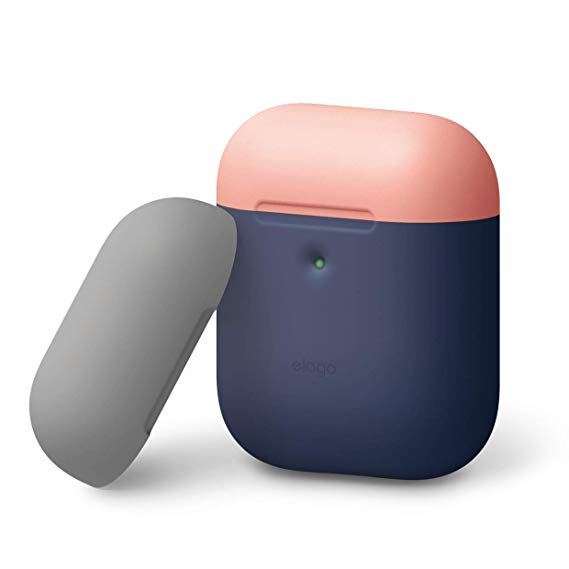 elago AirPods 2 Duo Case [Body-Jean Indigo/Top-Peach, Medium Grey] - Two Color Caps, Front LED Visible, Extra Protection, Compatible with Apple AirPods 2 Wireless Charging Case