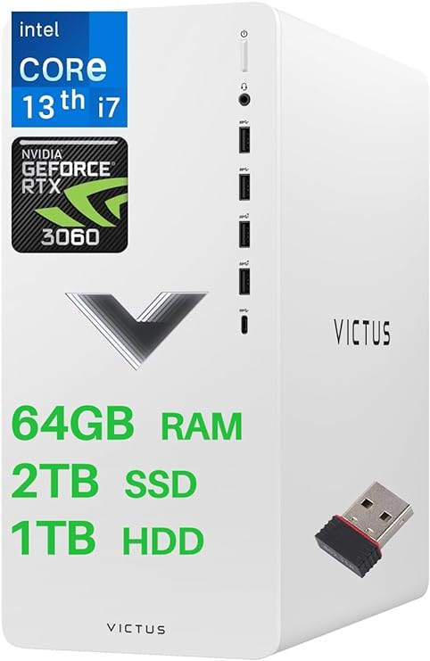 HP 2024 Newest Victus 15L Computer Gaming Desktop, Intel Core i7-13700 (16 Cores, Up to 5.2GHz), NVIDIA GeForce RTX 3060 Graphics, 64GB RAM, 2TB SSD, 1TB HDD, Tower PC, Wi-Fi 6, Windows 11 Home