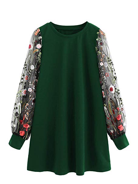 DIDK Women's Velvet Tunic Dress with Embroidered Floral Mesh Bishop Sleeve