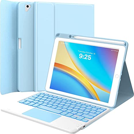 GreenLaw iPad 9th Generation Case with Keyboard 10.2” 2021, 7-Color Backlit, Stain Resistant, Waterproof Cover, Smart Touchpad, for iPad 8th 2020 /7th Gen 2019, Air 3, Pro 10.5, Light Sky Blue