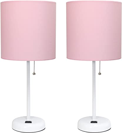 Limelights LC2001-POW-2PK Stick Charging Outlet and Light Fabric Shade 2 Pack Table Lamp Set, White/Pink, 2 Count