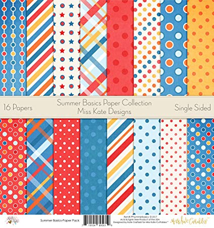 Summer Basics Printed Scrapbook Paper Set by Miss Kate Cuttables: Craft Supplies for Scrapbooking, Single - Sided 12"x12" Decorative Cardstock Collection Vacation Summertime Season Theme (Pack of 16)