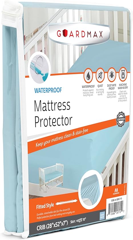 Guardmax Blue Crib Mattress Protector - Premium Waterproof and Hypoallergenic Crib Mattress Cover Fitted Sheet - Protects Against Urination, Perspiration, & Spills. (28 X 52)
