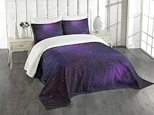 Ambesonne Sky Bedspread, Galaxy Nebula Illustration Deep Space Star Clusters and Constellation Milky Way, Decorative Quilted 3 Piece Coverlet Set with 2 Pillow Shams, King Size, Purple Black