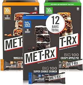 MET-Rx Big 100 Colossal Protein Bars, Healthy Meal Replacement Snack, 12 Count Variety Pack - 4 Super Cookie Crunch, 12 Crispy Apple Pie, 12 Vanilla Caramel Churro