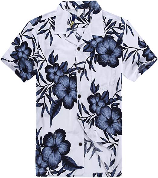 Palm Wave Men's Hawaiian Shirt Aloha Shirt in White Navy