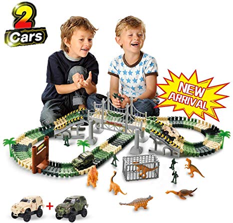 TTOUADY Christmas Dinosaur Toy Trains Race Car Extended 158 Tracks 2 Cars 6 Dinosaurs, Awesome Gift Learning Toys for 3 4 5 6 Years Old Boys Girls Toddlers (144)