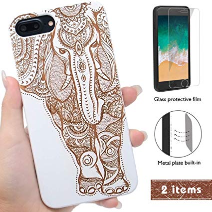 iProductsUS Wood Phone Case Compatible with iPhone XR and Screen Protector-Engraved Unique Elephant White Cherry Case, Built-in Metal Plate, Compatible Wireless Charger, TPU Shockproof Cover (6.1")