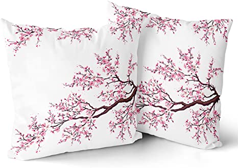 Granbey Cherry Blossom Pillow Cover Japanese Cherry Decorative Pillowcases 18x18 Inch Set of 2 Cherry Blossom Pillowcase Pink Flower Pillow Cases with Hidden Zipper Home Cushion Decorative Pillowcase