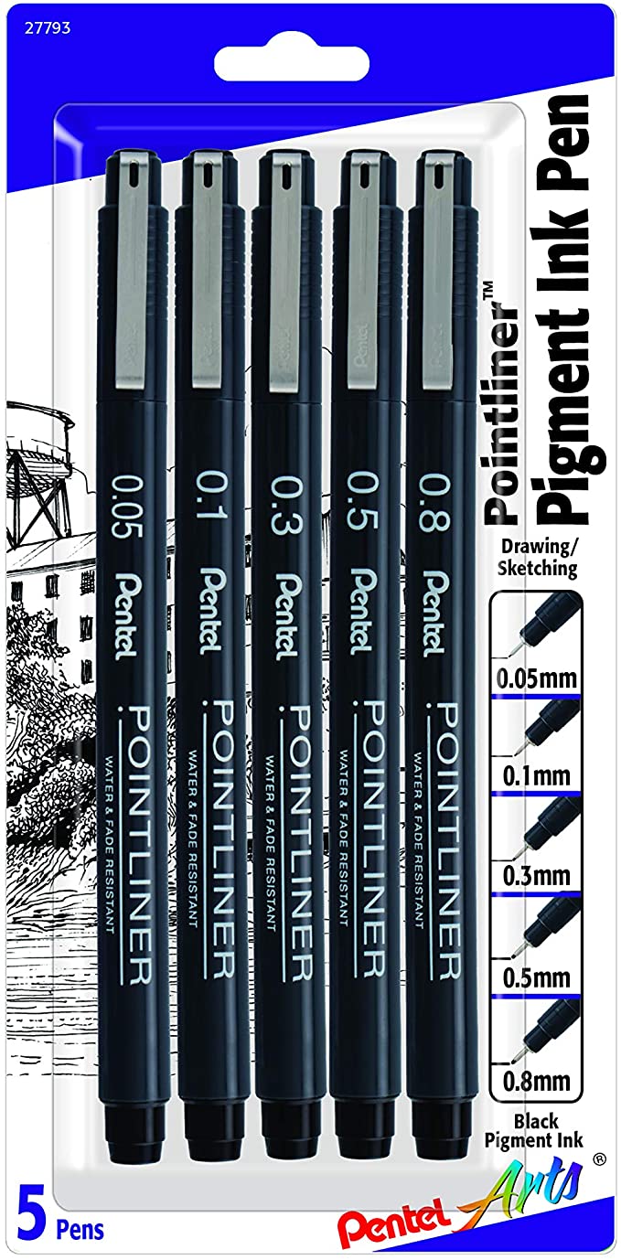 Pentel Arts Pointliner Drawing Pen, 5-Pack, Assorted Sizes, Black Ink (S20PBP5A)