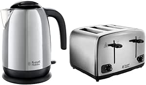 Russell Hobbs Adventure Brushed and Polished Stainless Steel Four Slice Toaster with Polished Kettle Bundle