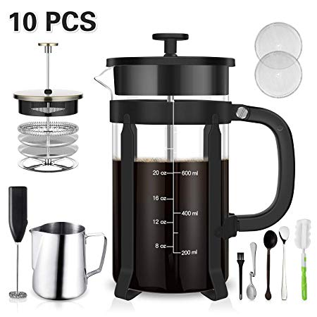 TAIKER French Press Coffee/Tea Maker(34 oz,8 cups) Heat Resistant Glass Stainless Steel Frame with Milk Frother,7 oz Frothing Pitcher,Stirring Spoon,Clean Brush & 2 Filter Screens （Black）