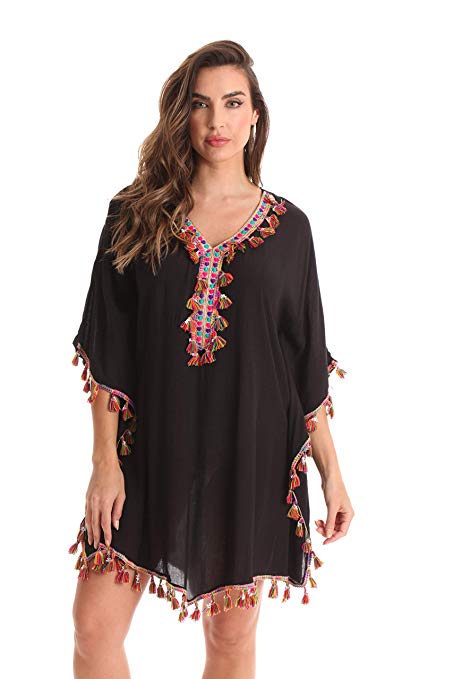 Riviera Sun Swimsuit Beach Cover Up Caftan for Women with Tassels and Embroidery
