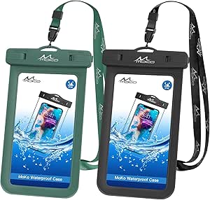 MoKo Waterproof Phone Pouch [2 Pack], Underwater Phone Case Dry Bag with Lanyard Compatible with iPhone 13/12/11 Pro Max, Xs Max Xr, SE 3/2, Galaxy S22/S21/20, Note 10, HUAWEI P50, Army Green Black