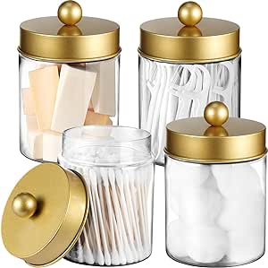 Qtip Holder Dispenser - 8 oz Clear Plastic Apothecary Jar Containers for Vanity Makeup Countertop Organizer Storage -Bathroom Canister Accessories Set for Cotton Swab, Ball, Pads, Floss-Gold (4)