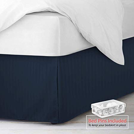 Nestl Bedding Pleated Bed Skirt - Damask Dobby Stripe Bed Skirt - Luxury Microfiber Dust Ruffle - 14” Tailored Drop - Bonus Bed Skirt Pins Set of 8 Included - Twin, Navy