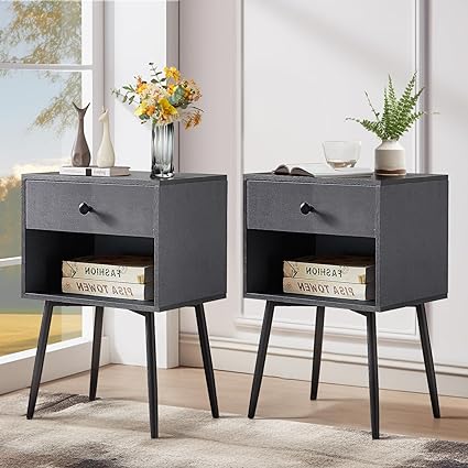 VECELO Nightstands Set of 2 Industrial 2-Tier Night Stand/Side Drawer, Wood Mid Century End Tables for Small Places, Bedrooms, Living Room, Home, Farmhouse, Gray