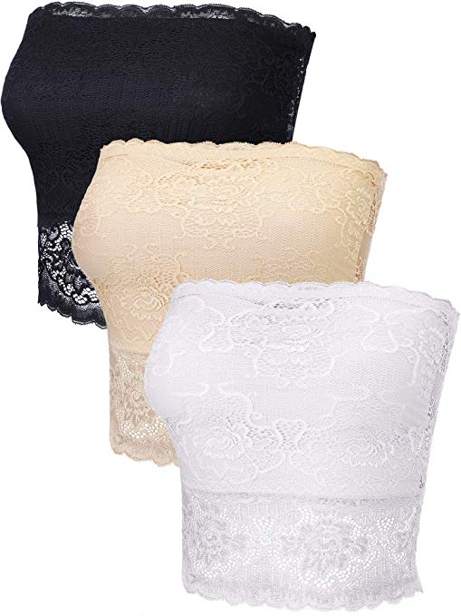 3 Pieces Lace Bandeau Top Strapless Seam Bra Stretchy Camisole Tube Top for Ladies Girls Wearing