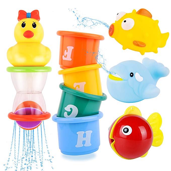 safe&care Baby Bath Shower Floating Toys Stacking Cups Set 8pcs and Toddler Toy Net Storage Bag Organiser for Boys & Girls