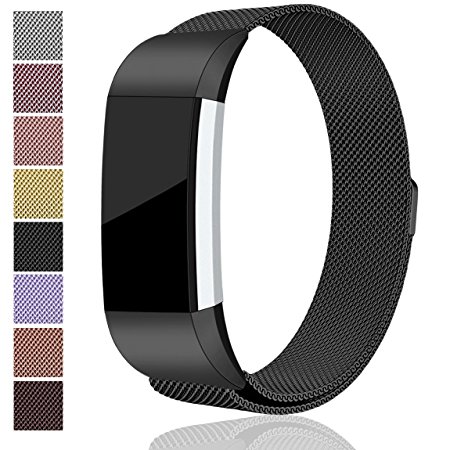 For Fitbit Charge 2 Bands, Maledan Stainless Steel Milanese Loop Metal Replacement Accessories Bracelet Strap with Unique Magnet Lock for Fitbit Charge 2 HR Large Small, Silver, Black, Gold, Rose Gold