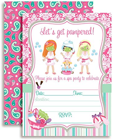 Spa Pampering Birthday Party Invitations for Girls, 20 5"x7" Fill In Cards with Twenty White Envelopes by AmandaCreation.