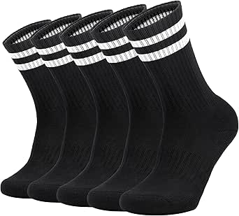 Ultrafun 5 Pairs Striped Crew Socks Cotton Cushioned Athletic Sports Running Socks for Men Women Teens