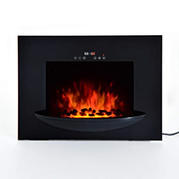 HOMCOM 1800W Wall Mounted Electric Fireplace Heater Flame Heat 7 Coloured LED Lighting Glass View Home Office Thermostat Control