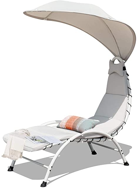 Giantex Chaise Lounger Chair, Arc Stand Porch Swing Hammock Chair w/Wide Canopy Sun Shade, Soft Cushion Removable Headrest for Garden Backyard Poolside (Beige)