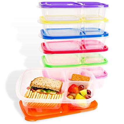 Vivaware Meal Prep Containers with Lids (7-Pack) 3-Compartment Bento Boxes | Portion Control, BPA Free Food Storage | Stackable, Color Coded Lunch Box | Microwavable, Freezer Safe