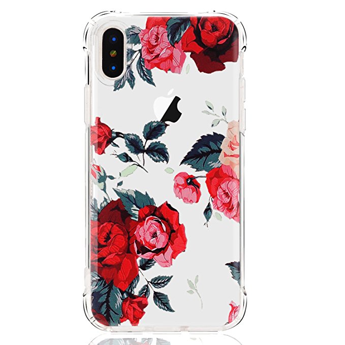 LUOLNH iPhone X Case,iPhone XS Case with Flowers, Slim Shockproof Clear Floral Pattern Soft Flexible TPU Back Cover case for iPhone X/iPhone XS 5.8 inch -Red Rose