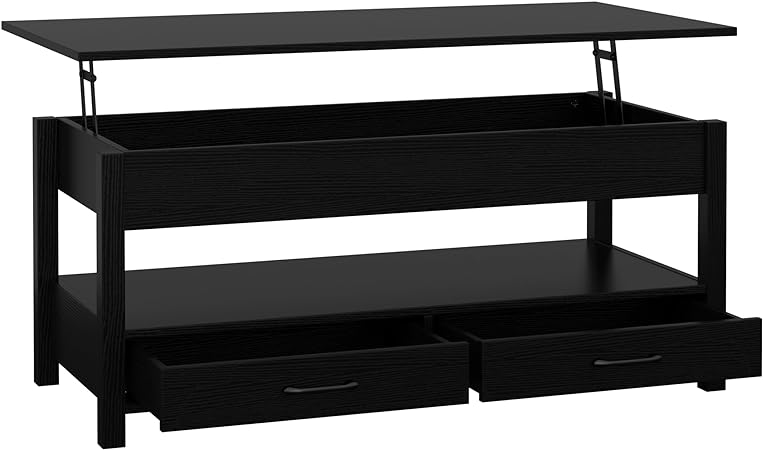 Panana Coffee Table, Lift Top Coffee Table with Hidden Compartment, 2 Drawers and 1 Open Shelf, Retro Central Wooden Table Lift Tabletop for Living Room (Black)