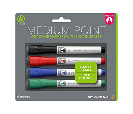 U Brands Low Odor Dry Erase Markers With Erasers, Medium Point, Assorted Classic Colors, 4-Count