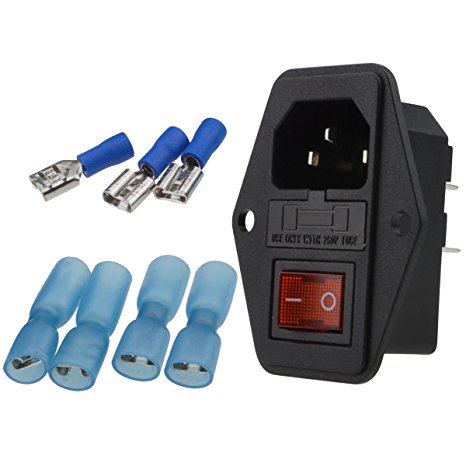 URBEST Male Power Socket 10A 250V Inlet Module Plug 5A Fuse Switch with 7Pcs Female 16-14 AWG Wiring Spade Crimp Terminals