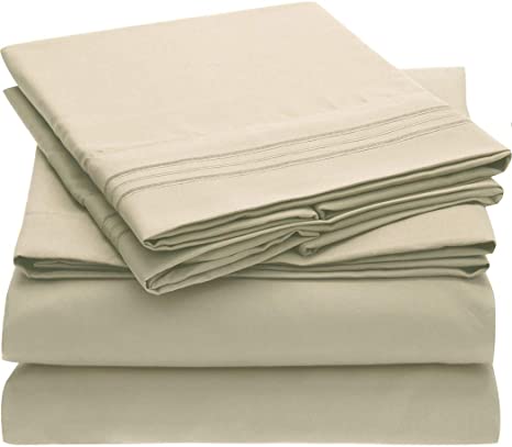 Mellanni Bed Sheet Set - Brushed Microfiber 1800 Bedding - Wrinkle, Fade, Stain Resistant - 4 Piece (Queen, Beige)