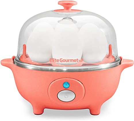 Elite Gourmet EGC-007C Easy Electric Poacher, Omelet Eggs & Soft, Medium, Hard-Boiled Egg Boiler Cooker with Auto Shut-Off and Buzzer, Measuring Cup Included, BPA Free, 7, Coral