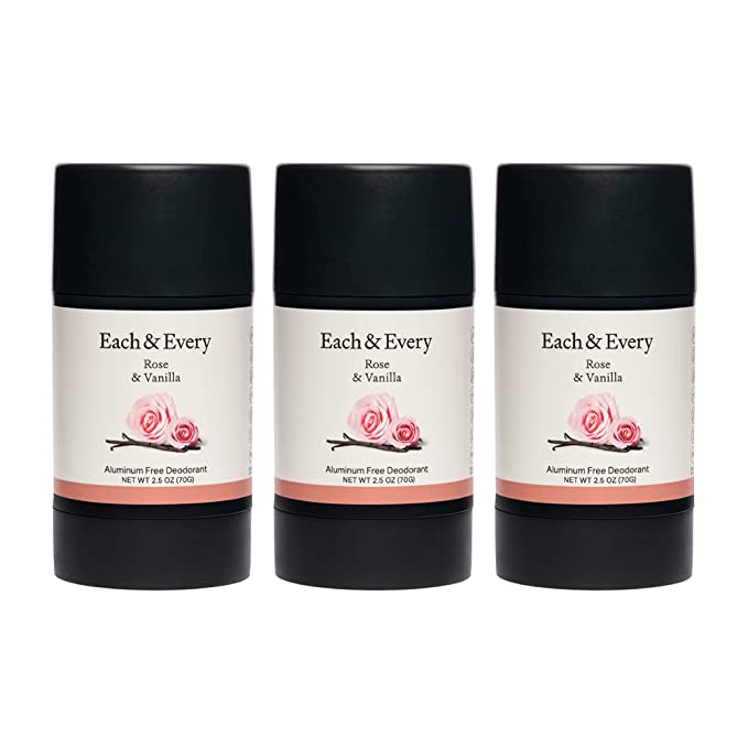 Each & Every 3-Pack Natural Aluminum-Free Deodorant for Sensitive Skin with Essential Oils, Plant-Based Packaging (Rose & Vanilla, 2.5 Ounce (Pack of 3))