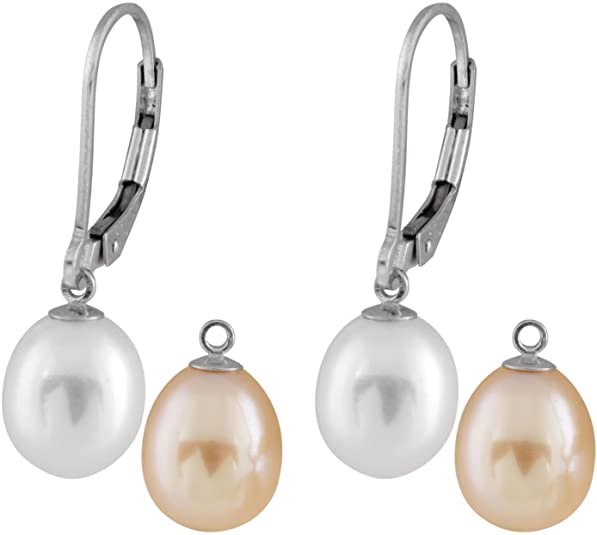 925 Sterling Silver Interchangeable Dangle Leverback Earrings 7.5-8mm Genuine Freshwater Cultured Pearls