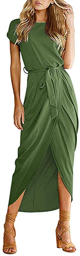 MISFAY Women's Casual Short Sleeve Belted Waist Slit Solid Party Summer Long Maxi Dress