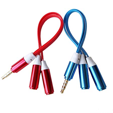 HTTX 4-Pole 3.5mm Stereo Headset Splitter, Male to Dual Female, Stereo Headphone Jack Flat Cable Adapter For iPhone iPad itouch External Speaker (Red&Blue, 2-Pack)