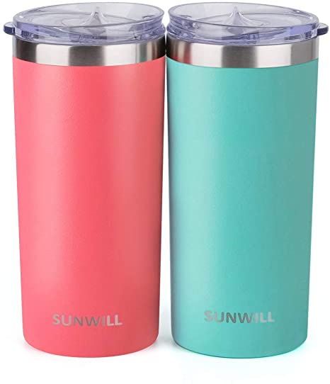 SUNWILL Coffee Mug with Lid, Vacuum Insulated Skinny Tumbler Lowball, Double Wall Stainless Steel Coffee Cup for Travel, Indoor and Outdoor 14oz, Powder Coated Teal & Coral 2 Pack