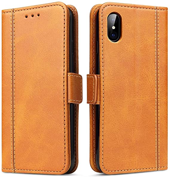 iPhone Xs Case, iPhone X Case, Bozon Wallet Case for iPhone Xs/X Flip Folio Leather Cover with Stand/Card Slots and Magnetic Closure (Brown)