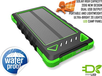 Solar Portable Charger, OCTOPUS Power Bank LED Ultra-Bright Camp Light, Dual USB Waterproof, Durable Battery Charger for Cell Phones and Tablets, Dustproof and Shockproof (Black/Green [8000mAh])