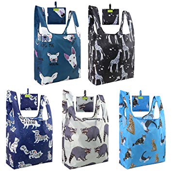 Reusable Groceries Bags for Shopping Reusable Bags Tote Nylon 50LBS Ripstop Mixed Bags Designs Cat Dog Raccoon Giraffe Fashion Bags for Gifts with Pouch Machine Washable Eco Friendly …