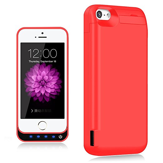 iPhone 5 / 5S / 5C / SE Battery Case,TQTHL Update [4800mAh] External Battery Backup Protective Charger Case for iPhone 5 / 5S / 5C / SE (Built-in USB Output Power Bank) LED Indicator Light -Red