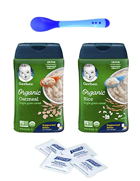 Gerber Baby Cereal Organic Pack- Organic Oatmeal Cereal and Organic Rice Cereal 8oz., with bonus of 4 Purell Hand Sanitizing Wipes and Baby Spoon