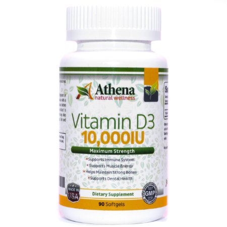 Athena - Vitamin D3 10000IU High Strength - 90 Softgels - Supports Immune System Muscle Energy Strong Bones and Healthy Dental