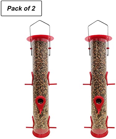 Bird Feeder Hanging Classic Tube Hanging Feeders with 6 Feeding Ports Premium Hard Plastic with Steel Hanger Weatherproof and Water Resistant Great for Attracting Birds Outdoors Garden (2 Pack)