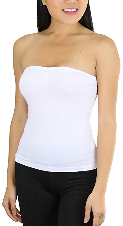 ToBeInStyle Women's Straight Neckline Ruched Basic Solid Knit Tube Top