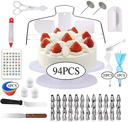 Aogist 94-Piece Cake Decorating Supplies Professional Cupcake Decorating Kit with Cake Turntable Stand, 48 Icing Tips, 3 Piping Couplers, 20 Disposable Pastry Bag, Icing Spatula and More Pastry Tools